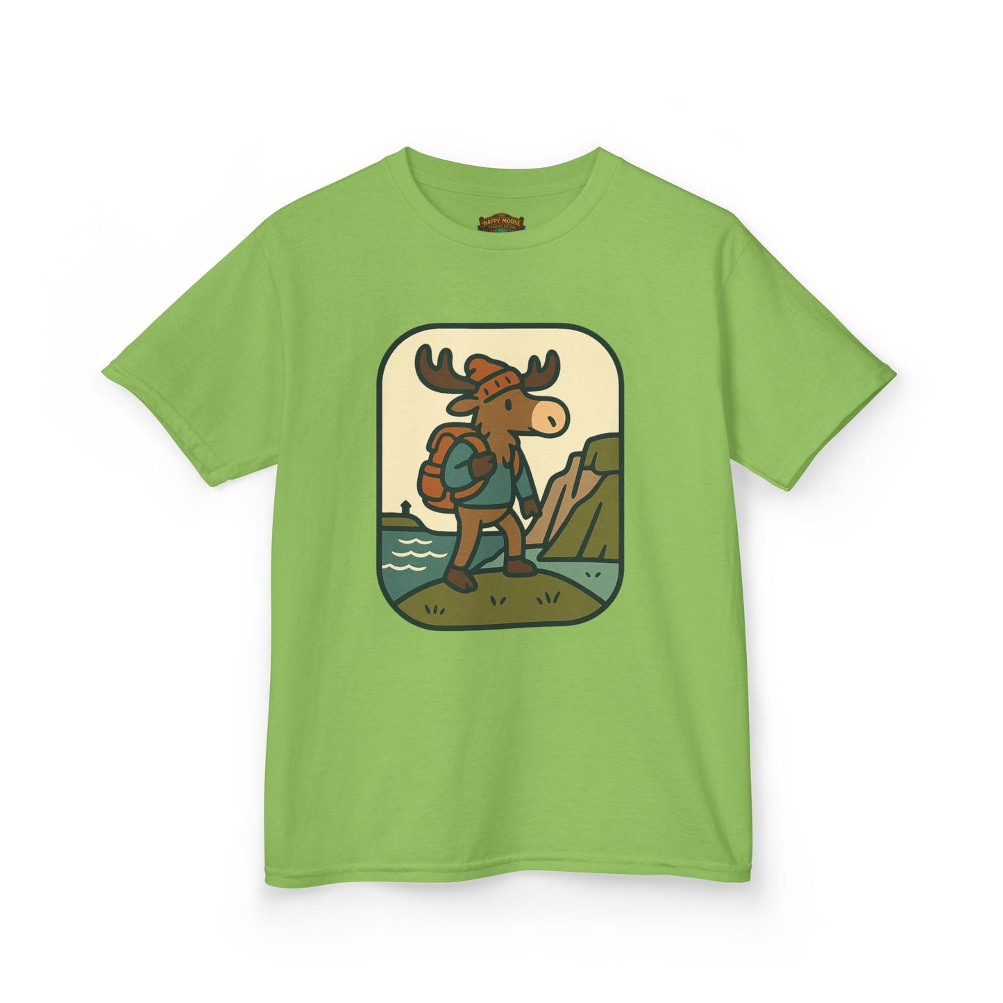 Kids Hiking Moose T‑Shirt — Cute Adventure Backpacker Tee for Boys & Girls