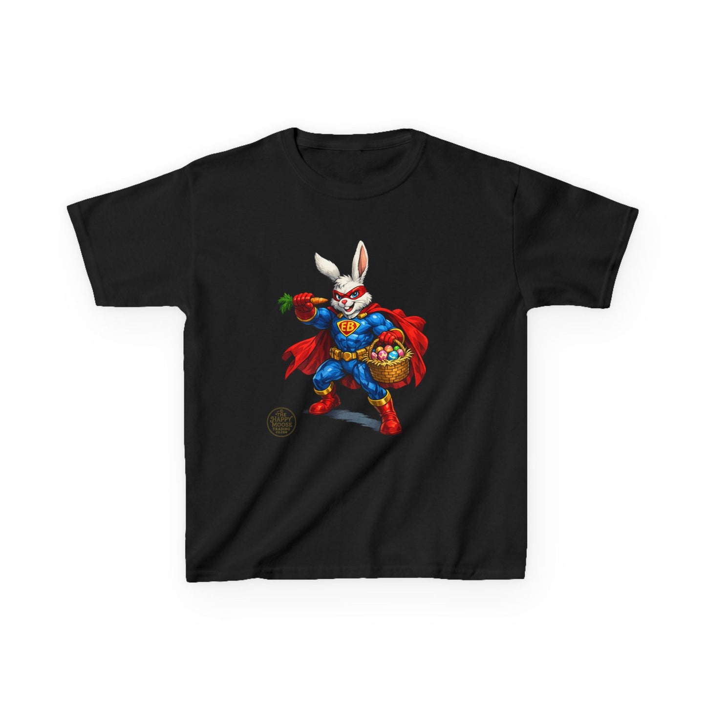 Kids Superhero Bunny T‑Shirt — Easter Basket & Carrot Costume
