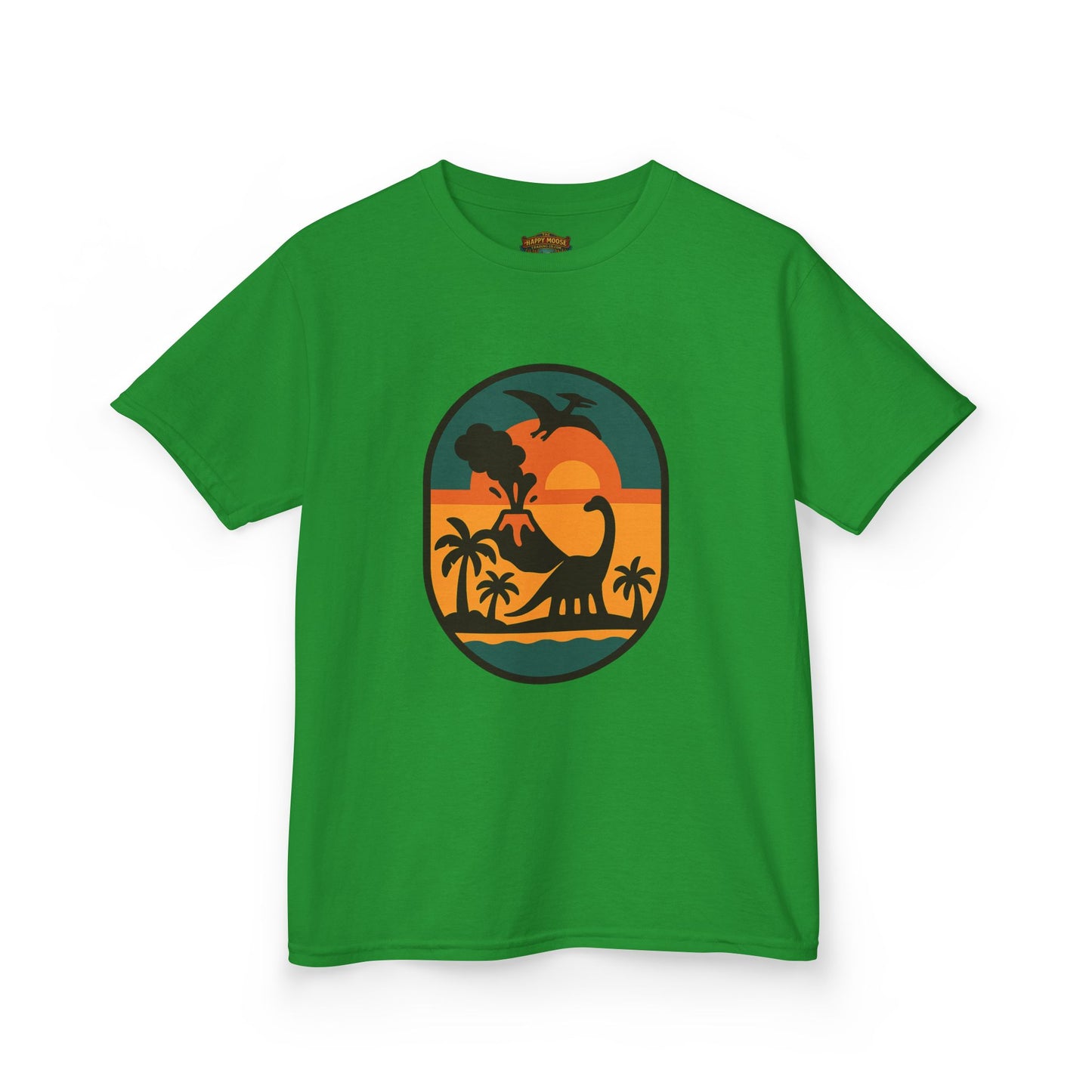 Kids T‑Shirt — Retro Tropical Dinosaur Sunset