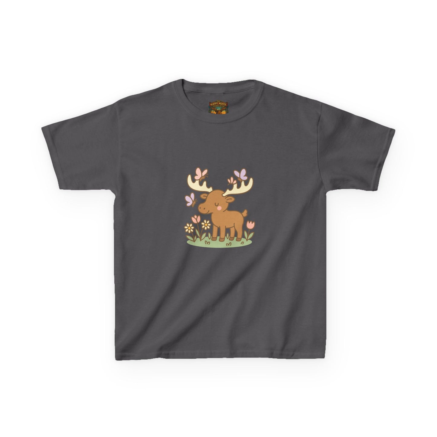 Kids T-Shirt — Cute Woodland Moose with Butterflies Kids Tee