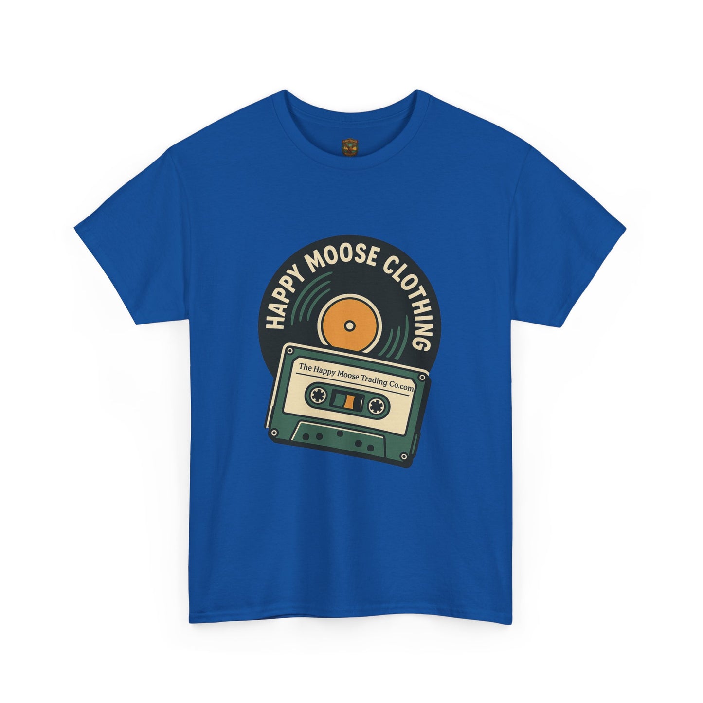 Cassette & Vinyl Retro Tee — “Happy Moose Clothing” Vintage Music Graphic T-Shirt