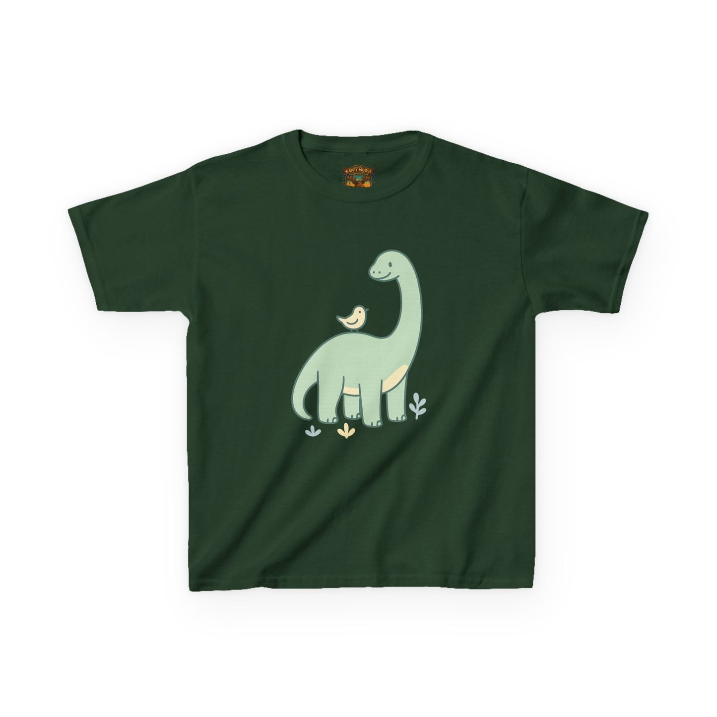 Kids Dino & Bird Tee — Cute Green Brontosaurus Graphic T‑Shirt