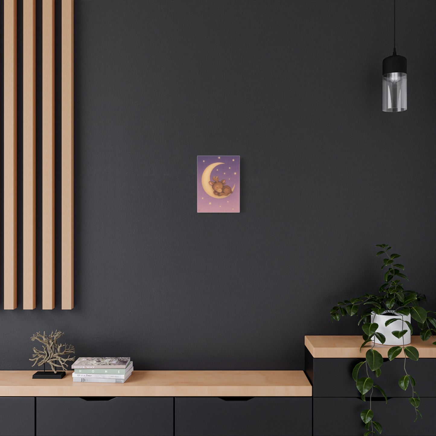 Nursery Canvas Art – Sleeping Moose on Moon Baby Room Wall Decor