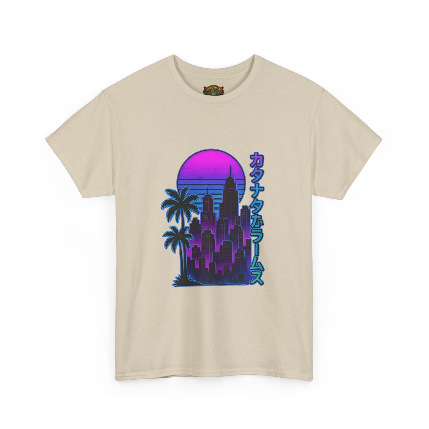 Retro Vaporwave Tee — Neon Sunset City with Palm Trees & Japanese Text