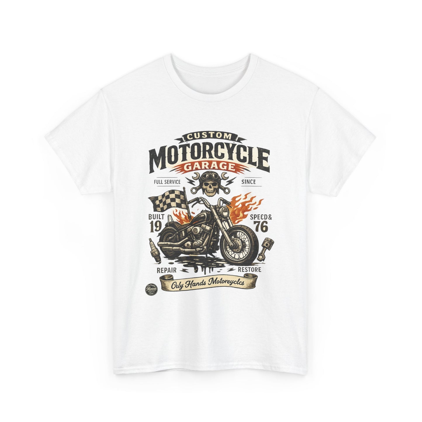 Oily Hands Motorcycle Garage Tee — Vintage Biker Skull & Chopper T-Shirt #021 E