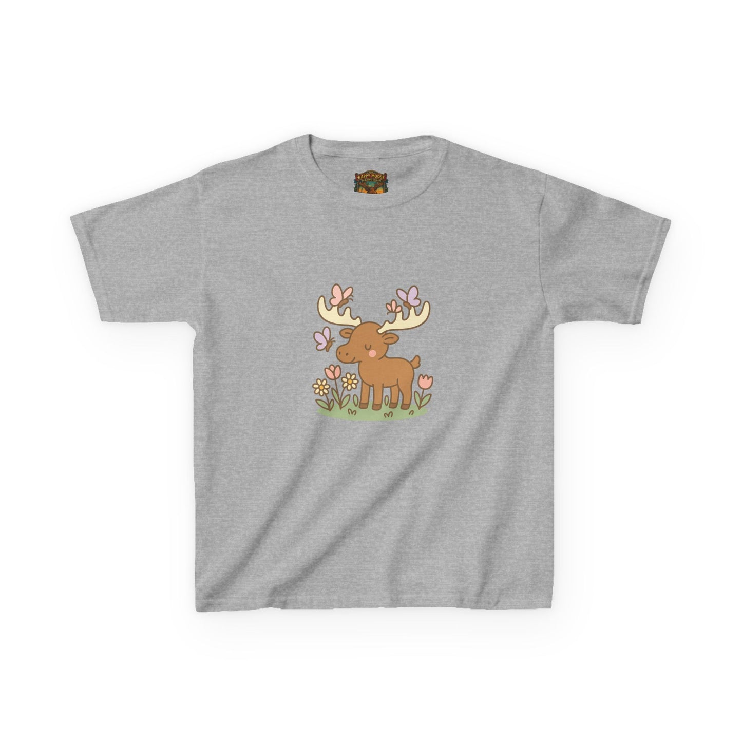 Kids T-Shirt — Cute Woodland Moose with Butterflies Kids Tee