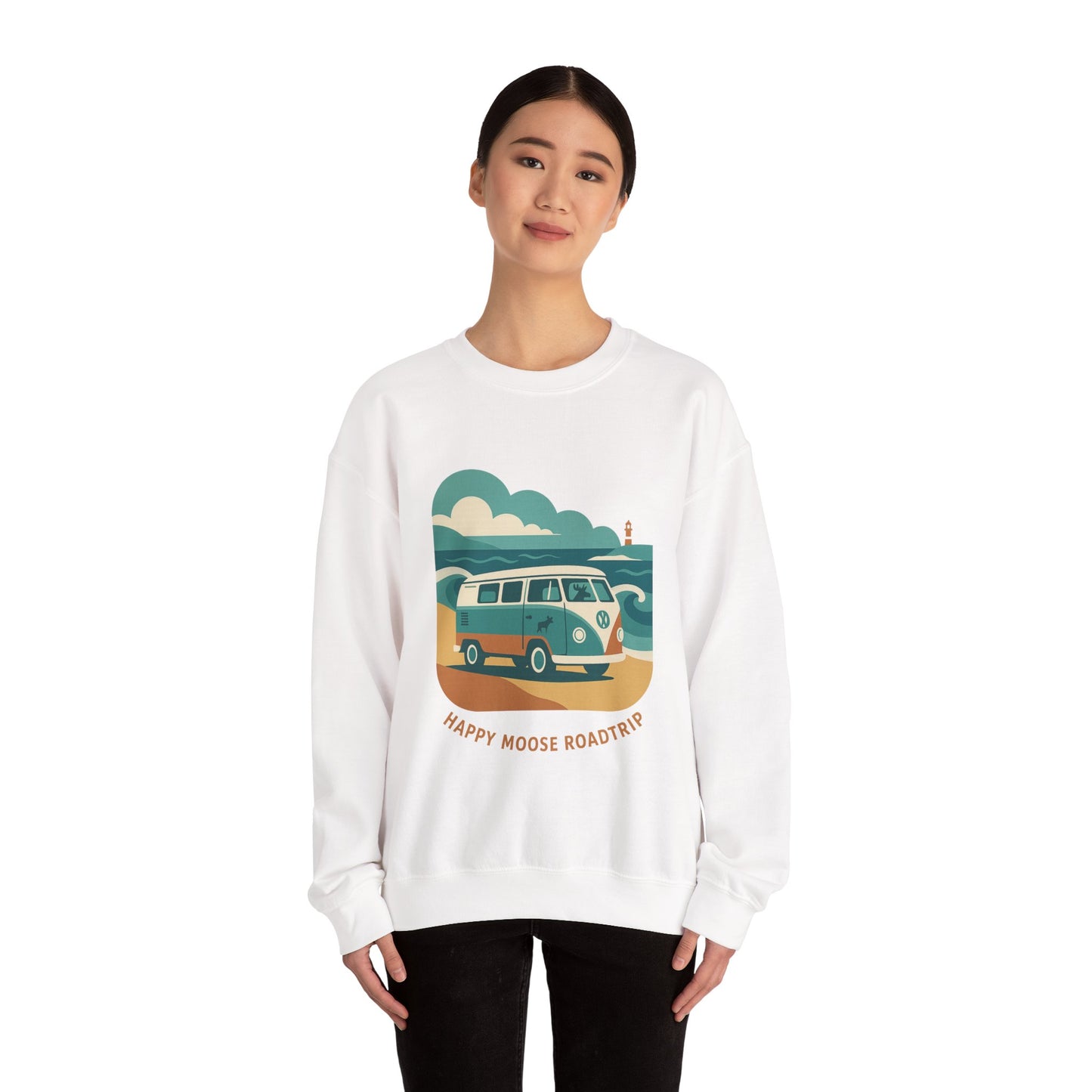 Road Trip Crewneck Sweatshirt — "Happy Moose Roadtrip" Vintage Van Graphic