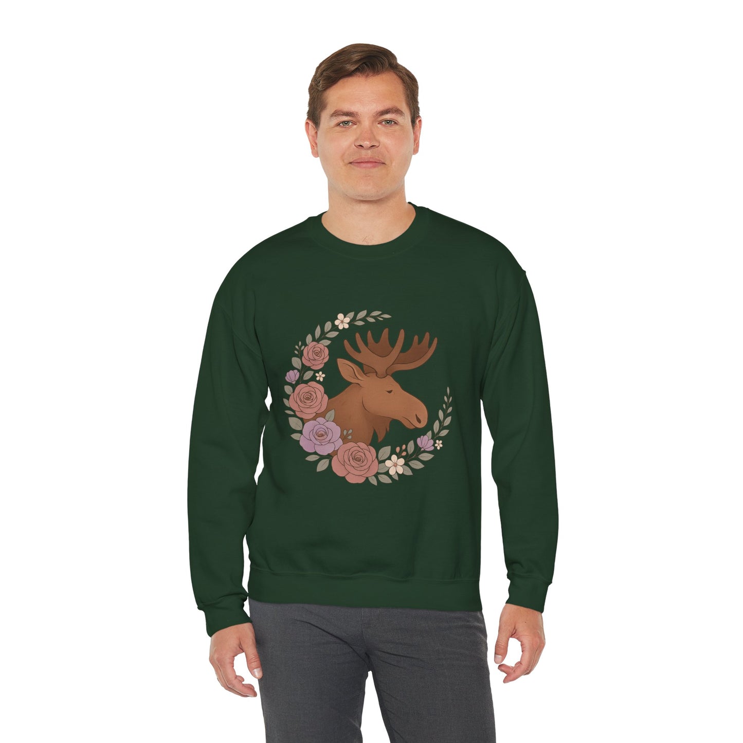 Moose Floral Crewneck Sweatshirt — Rustic Woodland Animal Sweatshirt