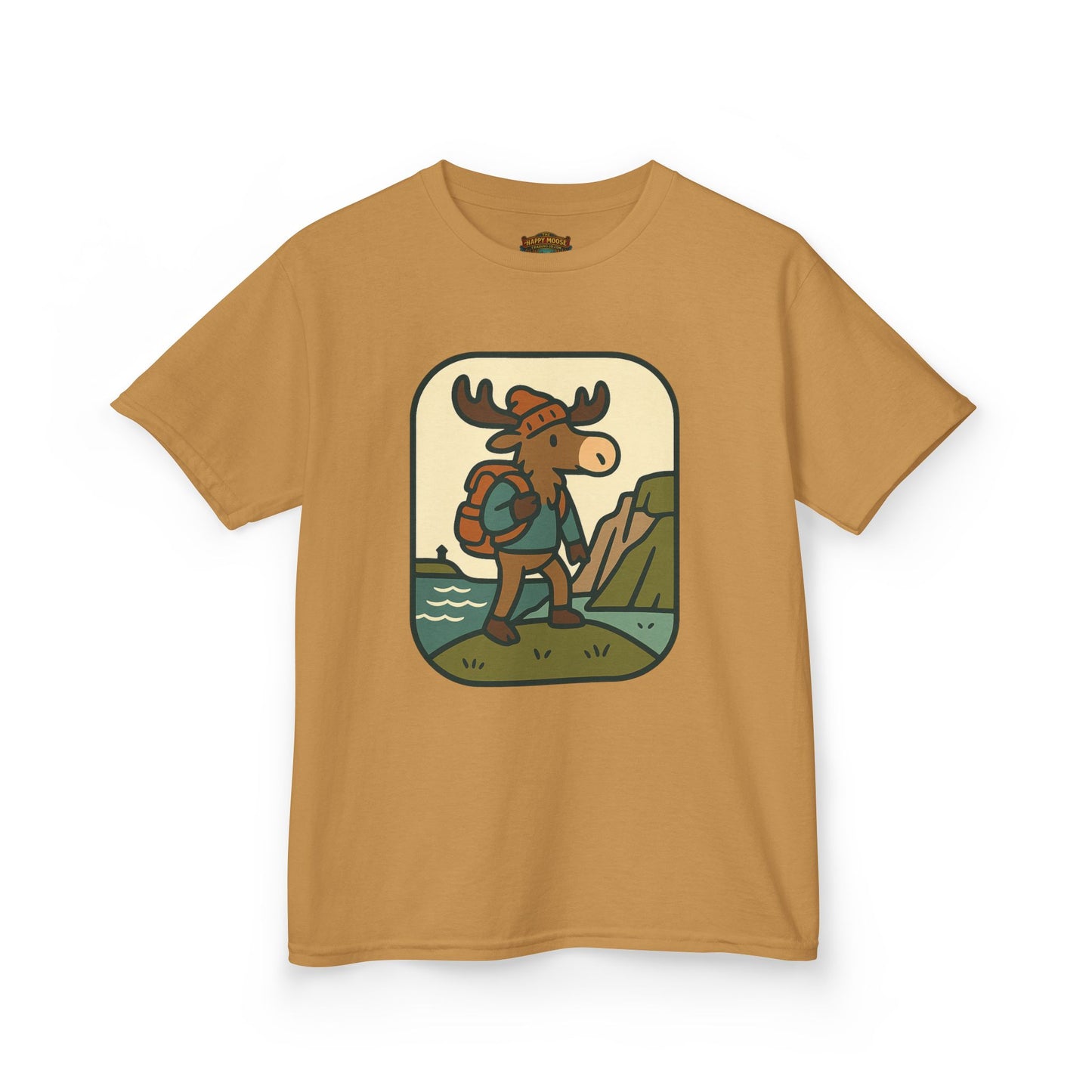 Kids Hiking Moose T‑Shirt — Cute Adventure Backpacker Tee for Boys & Girls