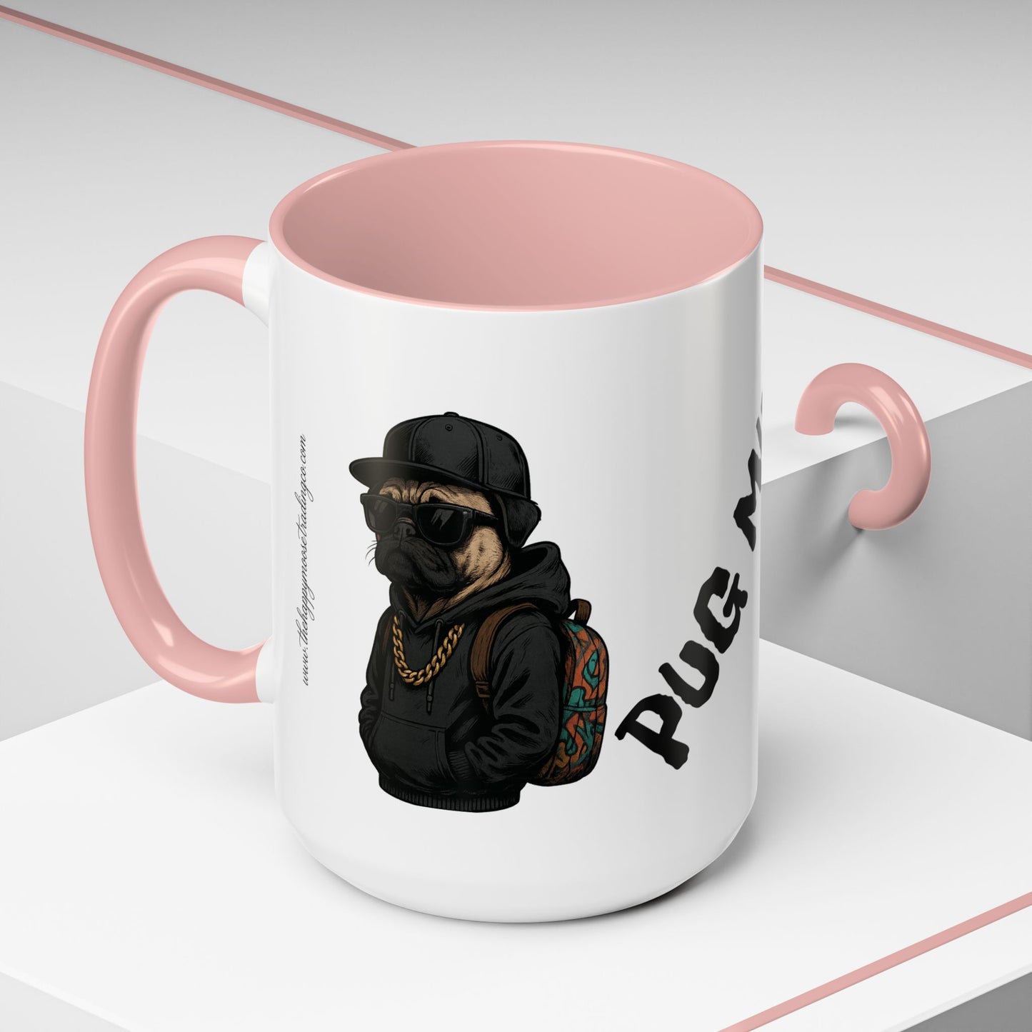 Pug Mug — Red Accent Coffee Mug with Hipster Pug Illustration (11/15oz)