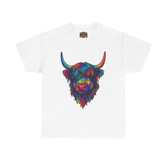Highland Cow Graphic Tee — Colorful Psychedelic Scottish Highland Cattle T-Shirt