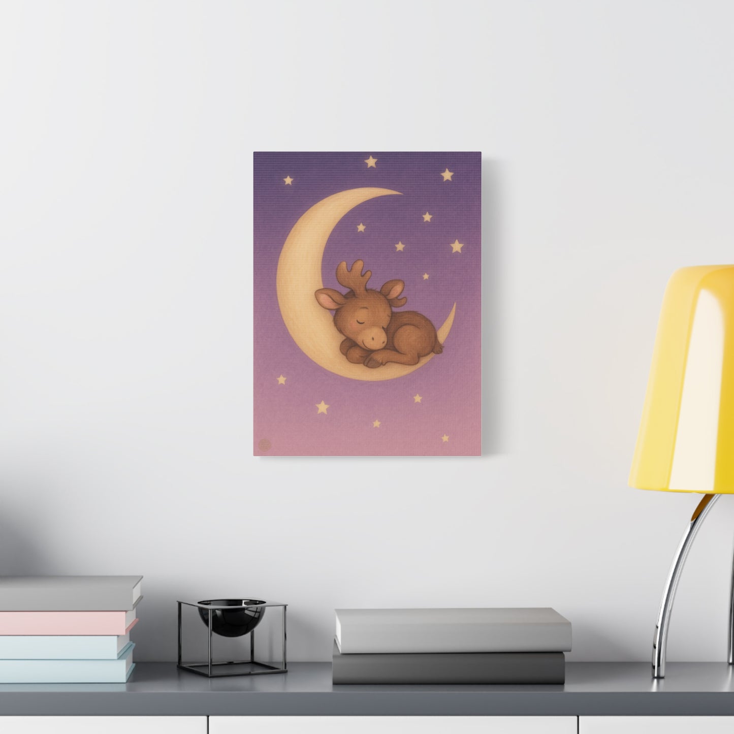 Nursery Canvas Art – Sleeping Moose on Moon Baby Room Wall Decor