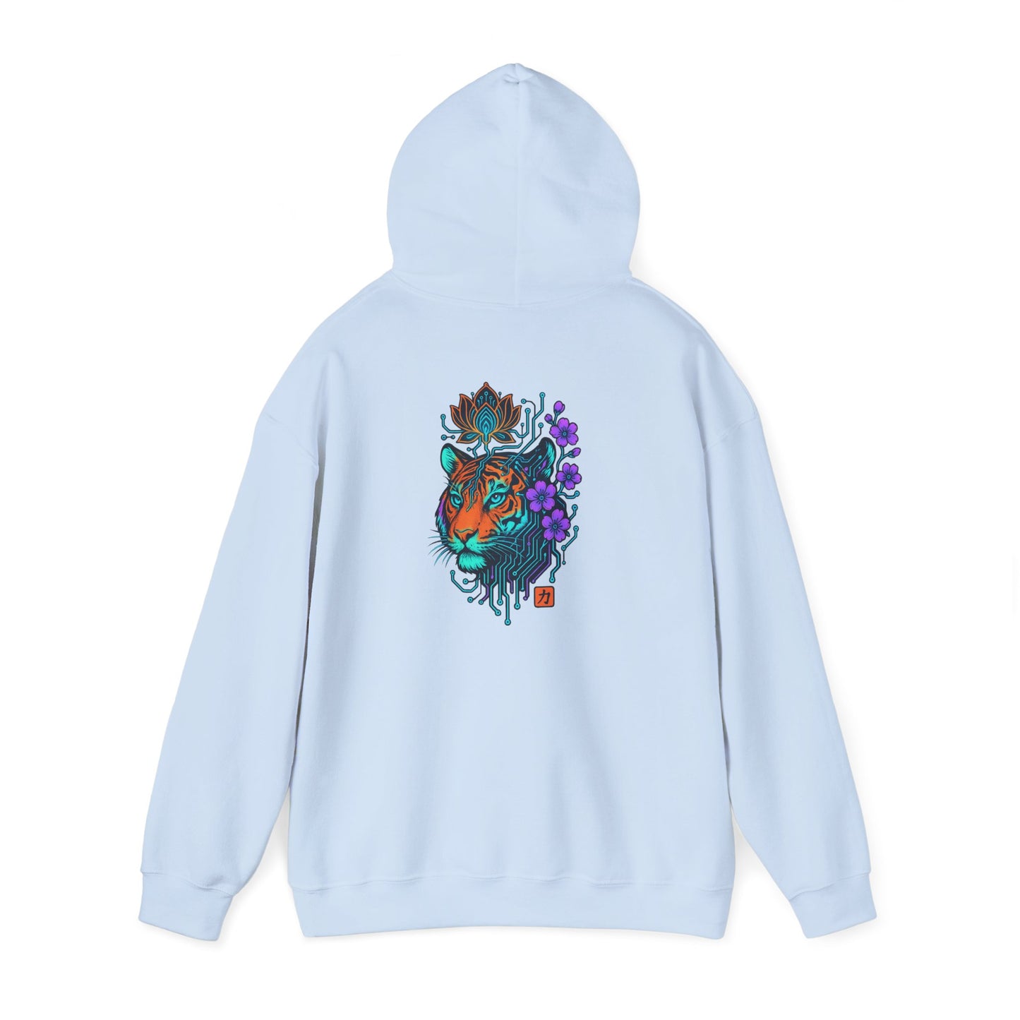 Tiger Floral Hoodie — Vibrant Tiger Head with Purple Blooms Graphic