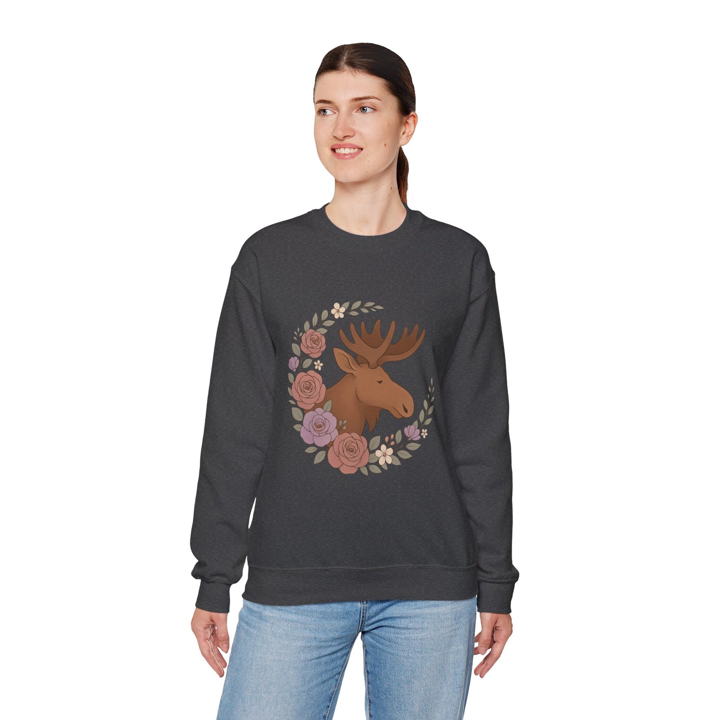 Moose Floral Crewneck Sweatshirt — Rustic Woodland Animal Sweatshirt