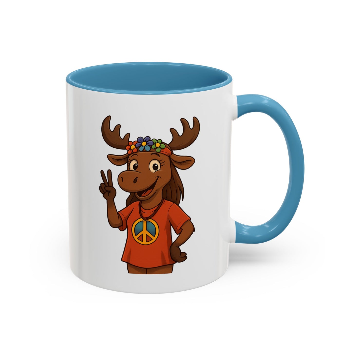 Peace Sign Moose Accent Coffee Mug — Hippie Moose with Flower Crown (11/15oz)
