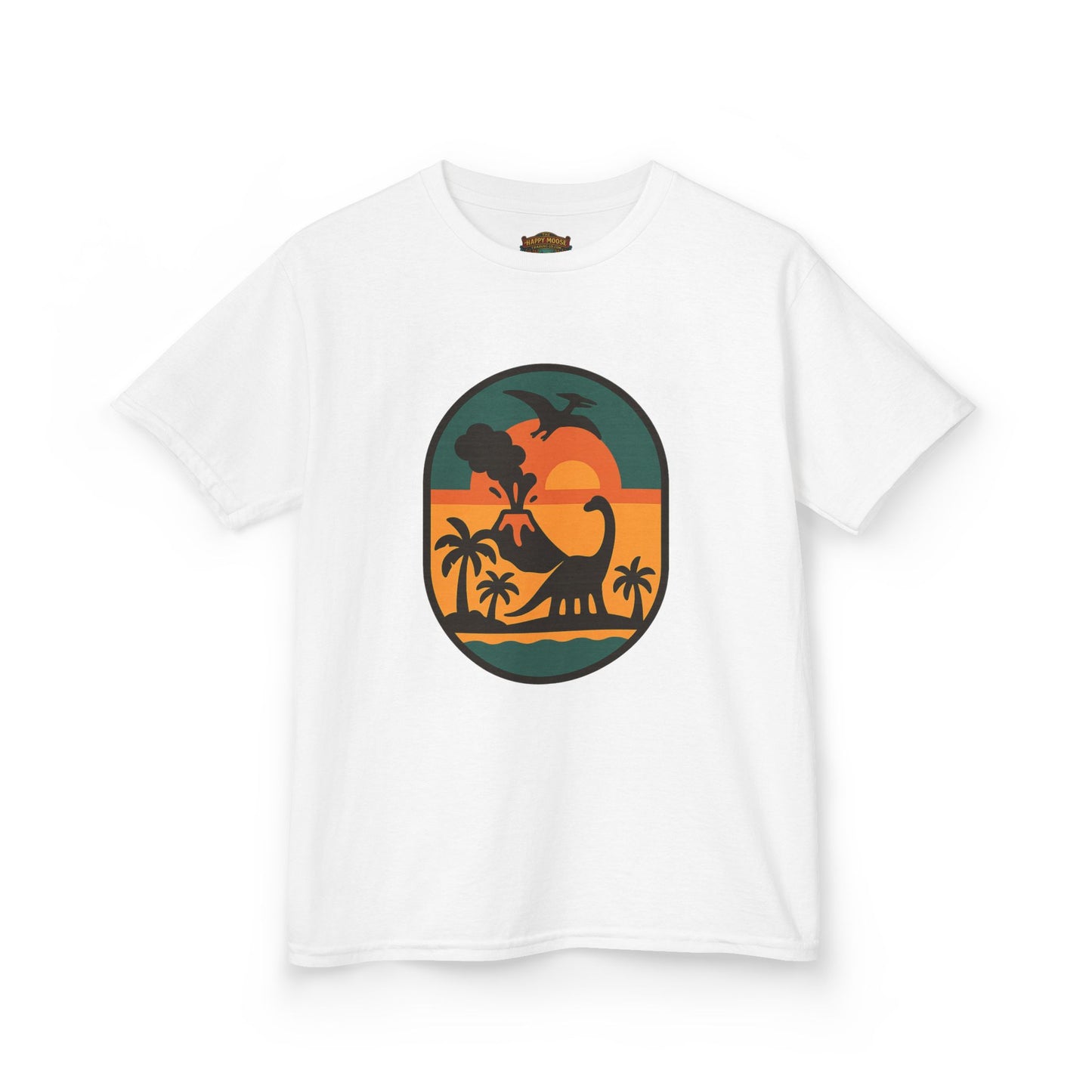 Kids T‑Shirt — Retro Tropical Dinosaur Sunset