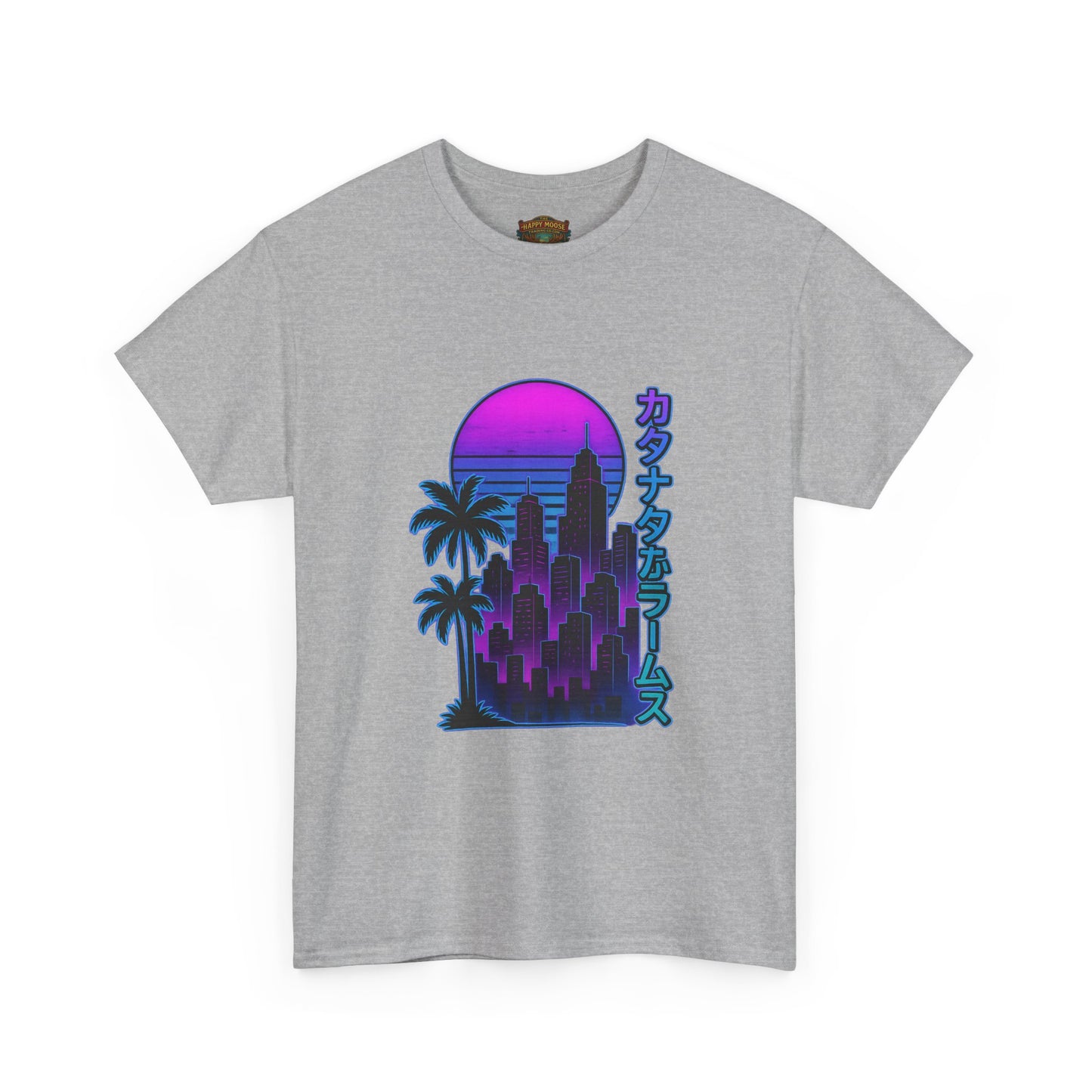 Retro Vaporwave Tee — Neon Sunset City with Palm Trees & Japanese Text