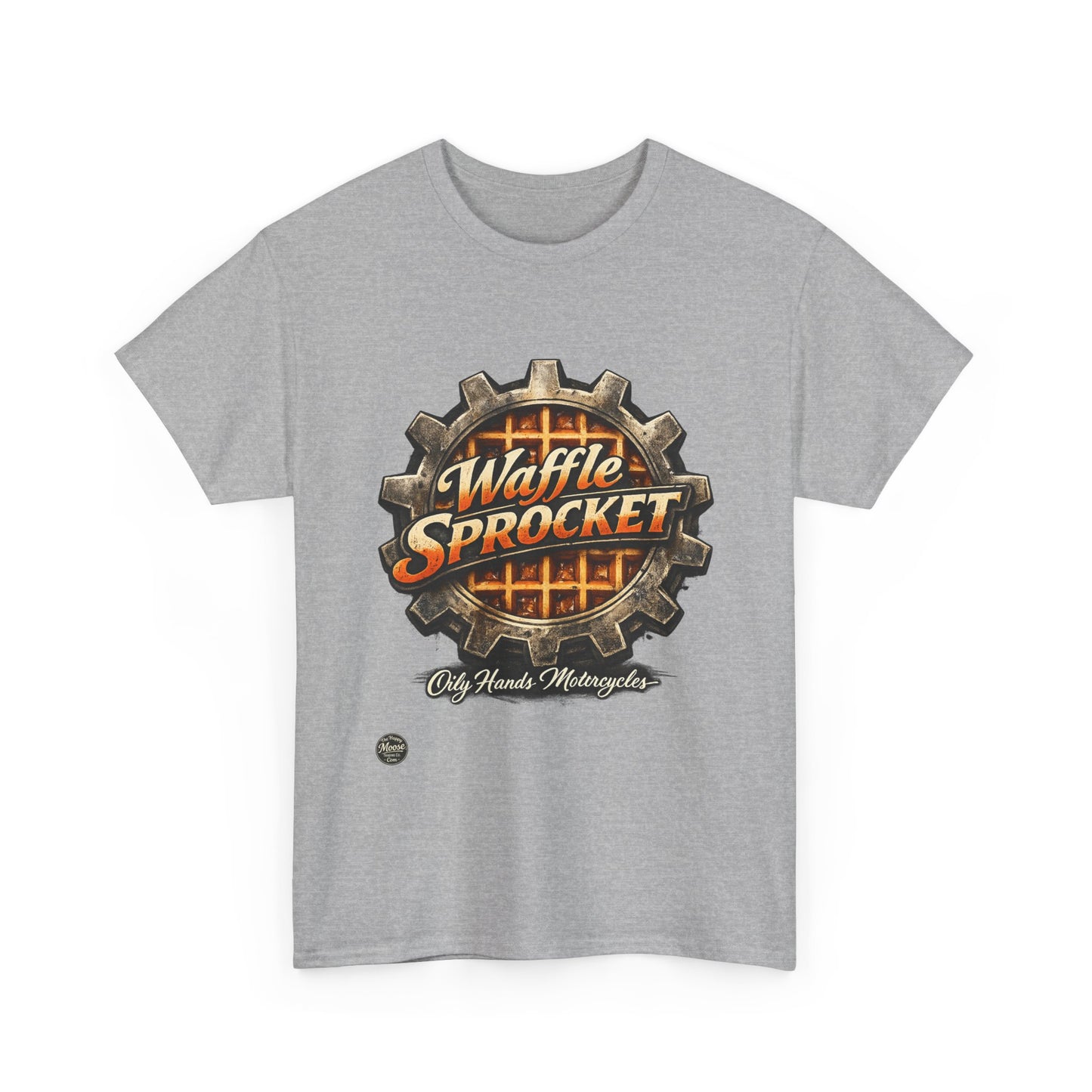 Oily Hands Waffle Sprocket Vintage Logo T-Shirt — Retro Mechanical Breakfast Tee #004 E