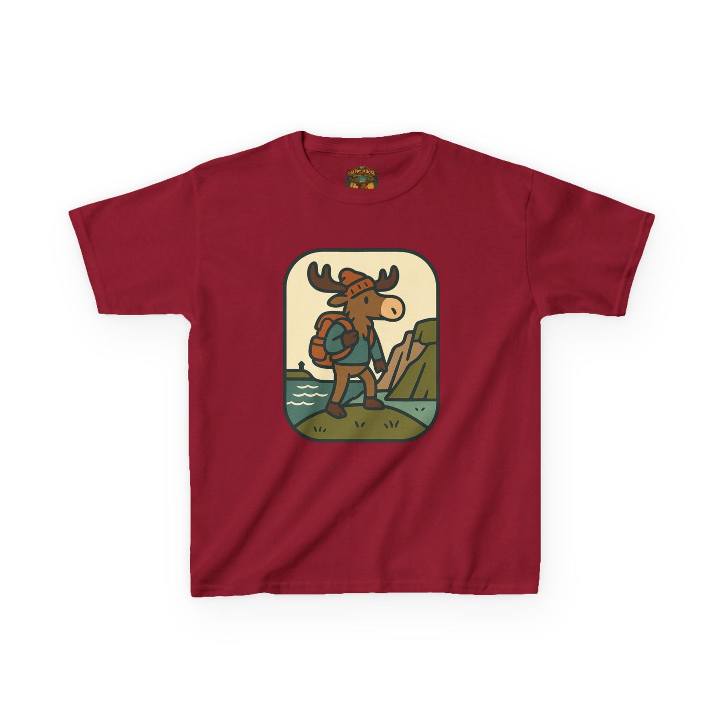 Kids Hiking Moose T‑Shirt — Cute Adventure Backpacker Tee for Boys & Girls