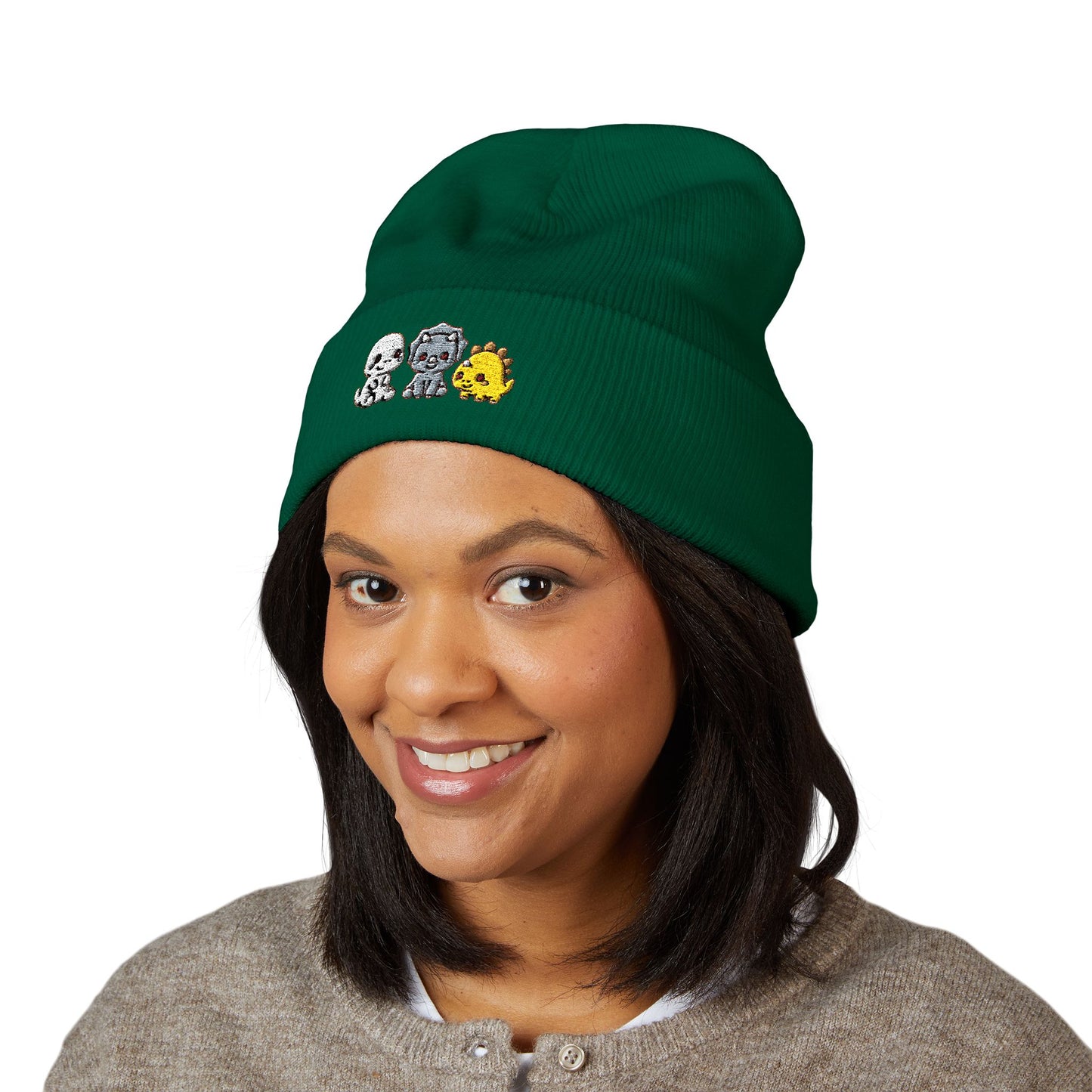 Embroidered Cute Character Cuffed Beanie — Trio Skull, Robot & Chick Winter Hat