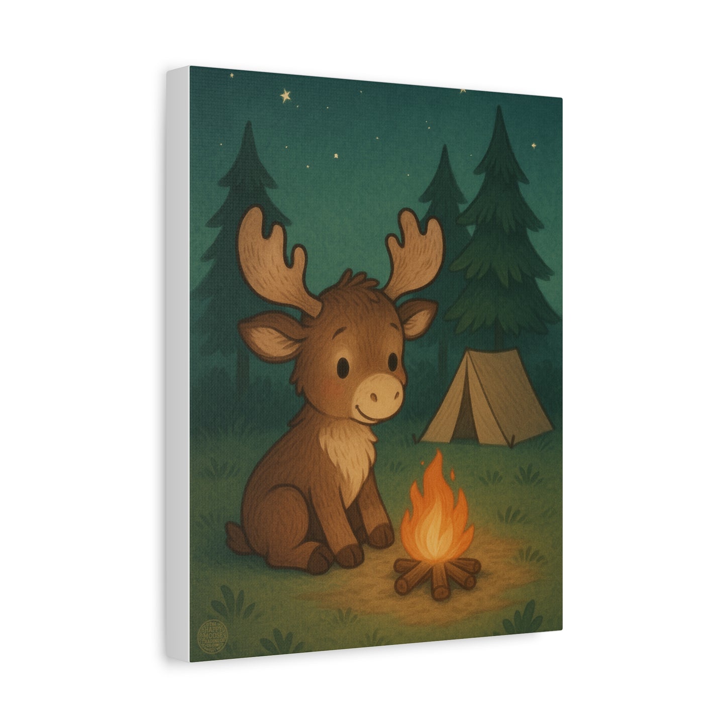 Cute Camping Moose Canvas Print — Kids Woodland Nursery Wall Art