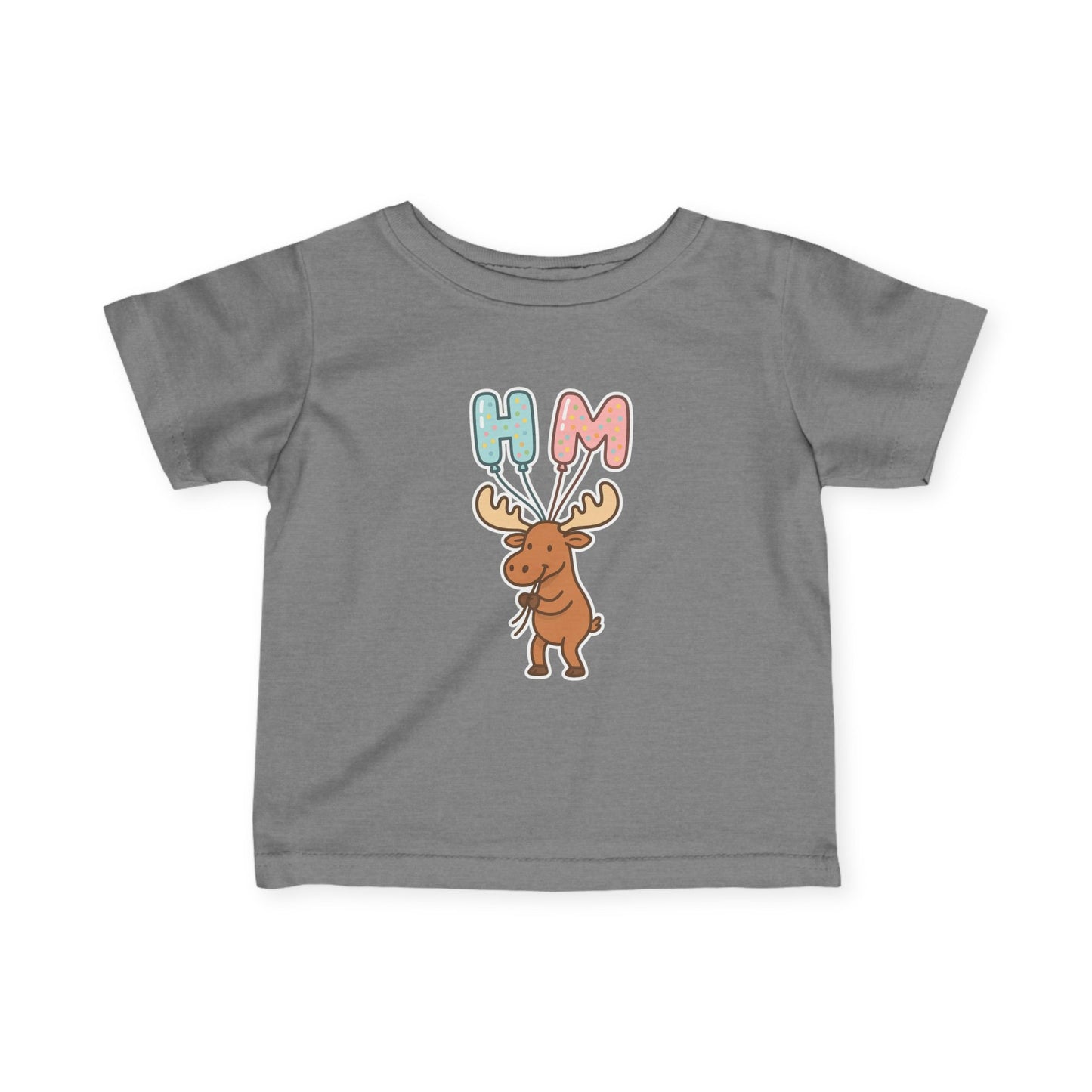 Baby Tee — Cute Moose Holding 'HM' Heart Balloons | Infant Graphic Shirt