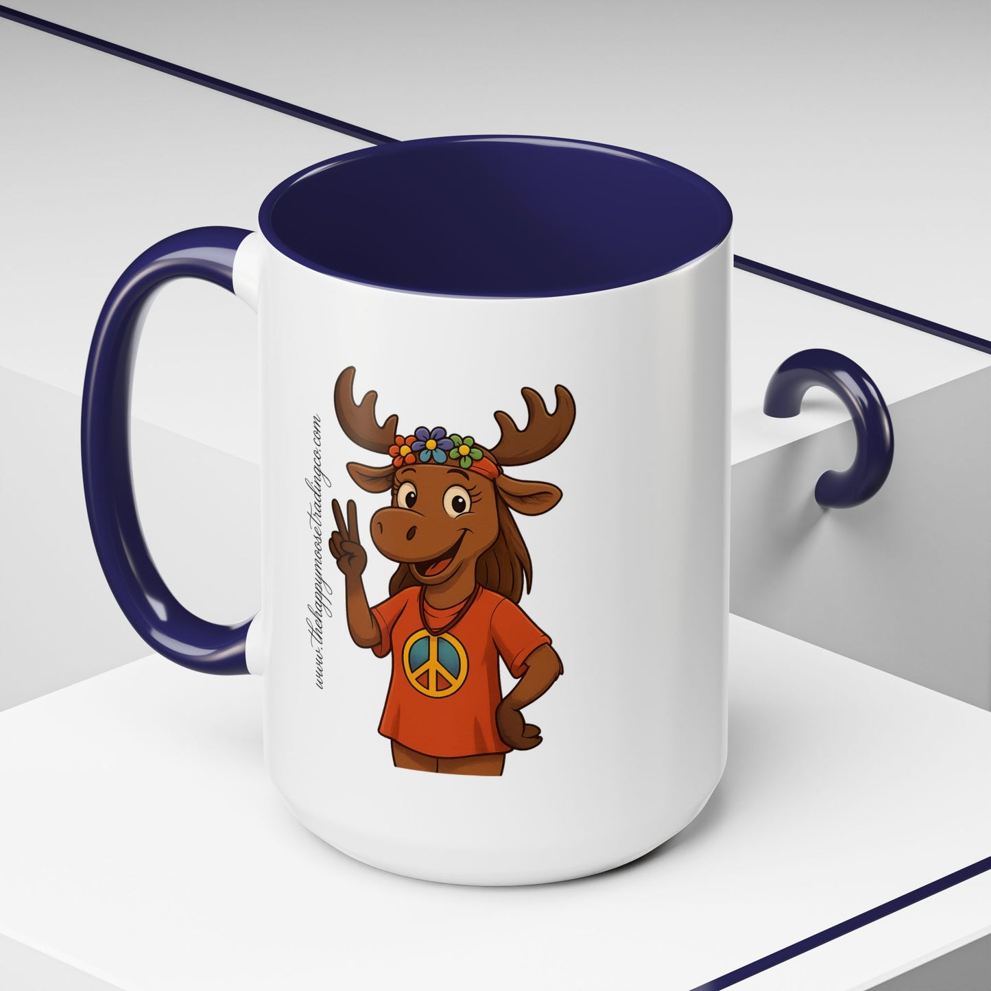 Peace Sign Moose Accent Coffee Mug — Hippie Moose with Flower Crown (11/15oz)
