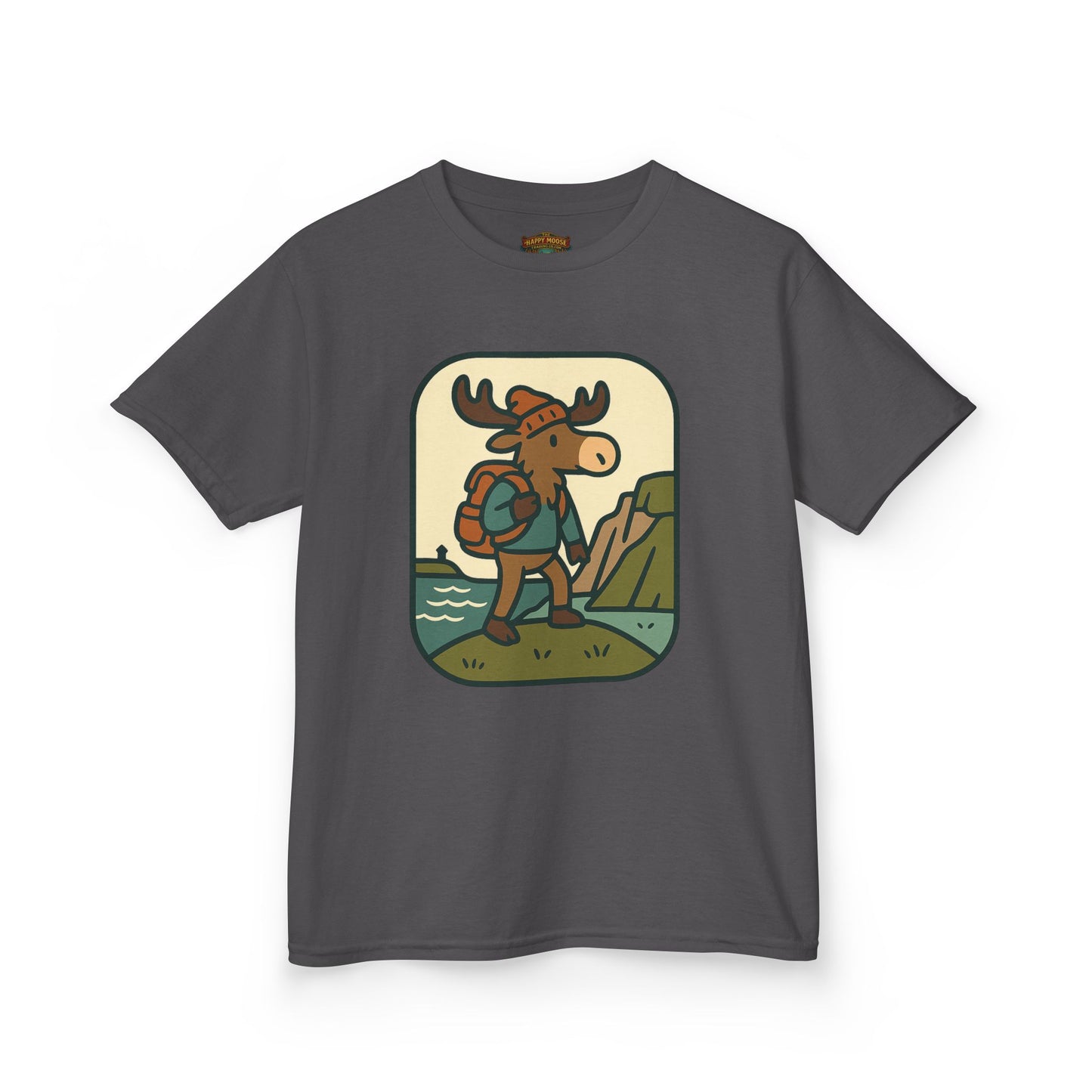 Kids Hiking Moose T‑Shirt — Cute Adventure Backpacker Tee for Boys & Girls