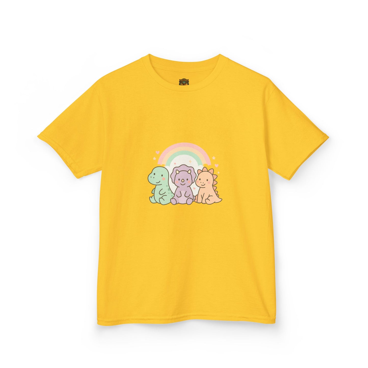 Kids T-Shirt — Cute Pastel Dino Trio with Rainbow
