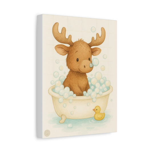 Cute Moose in Bathtub Canvas Wall Art — Baby Nursery Animal Print