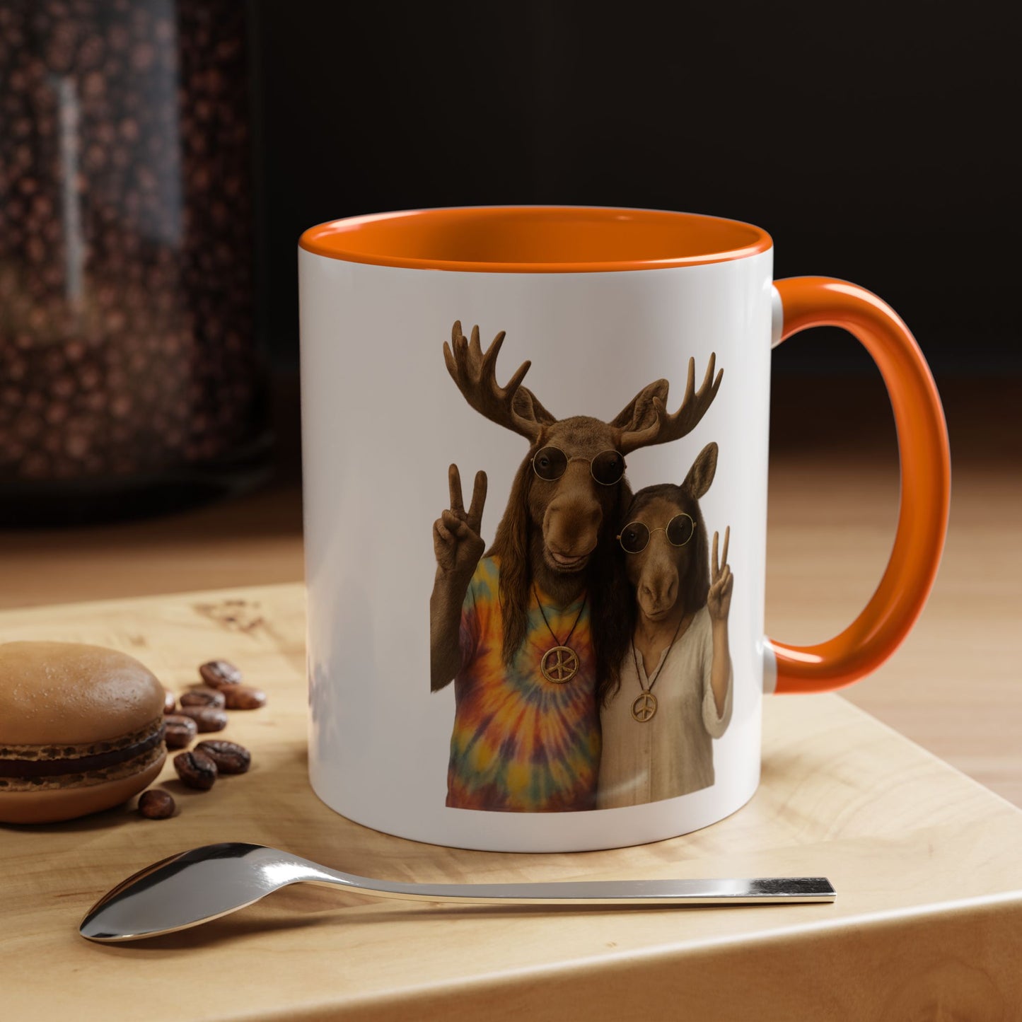 Peaceful Moose Couple Accent Coffee Mug — Hippie Tie-Dye Moose Peace Sign 11/15oz