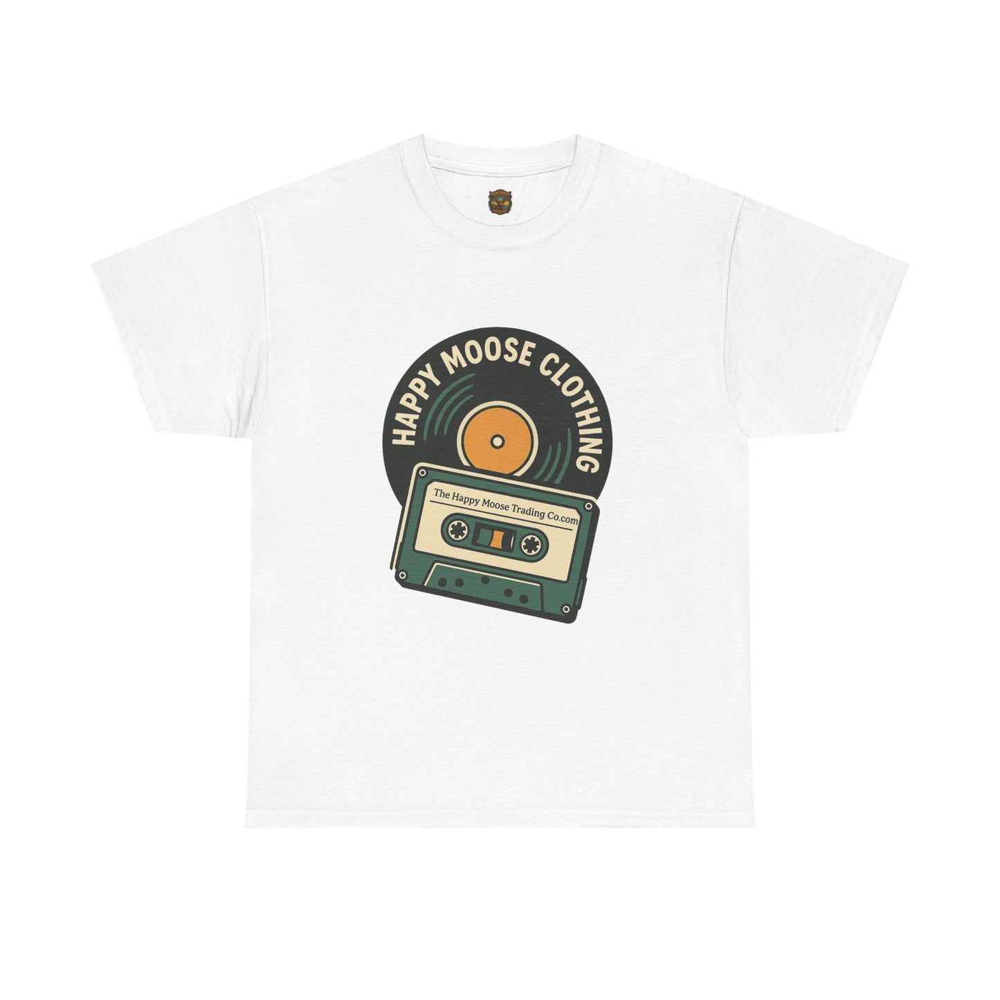 Cassette & Vinyl Retro Tee — “Happy Moose Clothing” Vintage Music Graphic T-Shirt