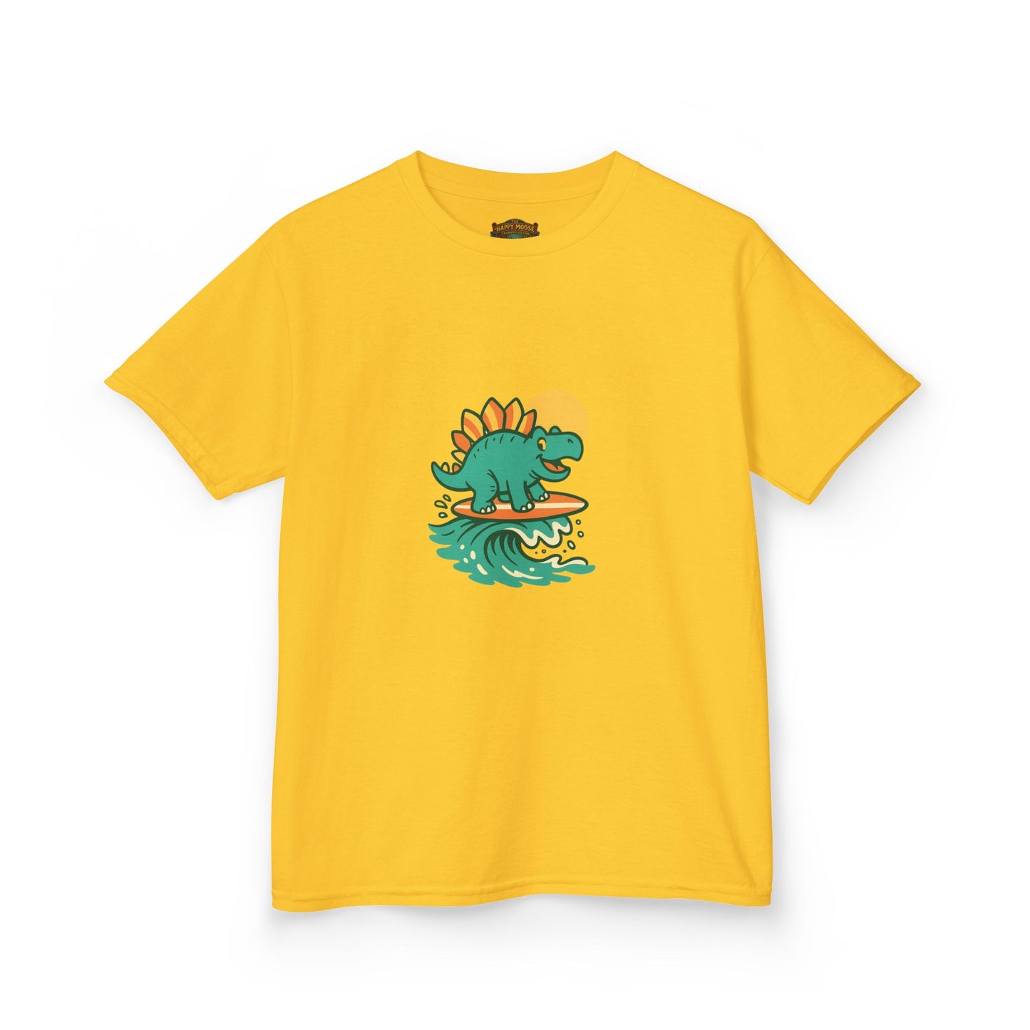 Kids Surfing Dinosaur T-Shirt — Cute Stegosaurus on Wave Graphic Tee