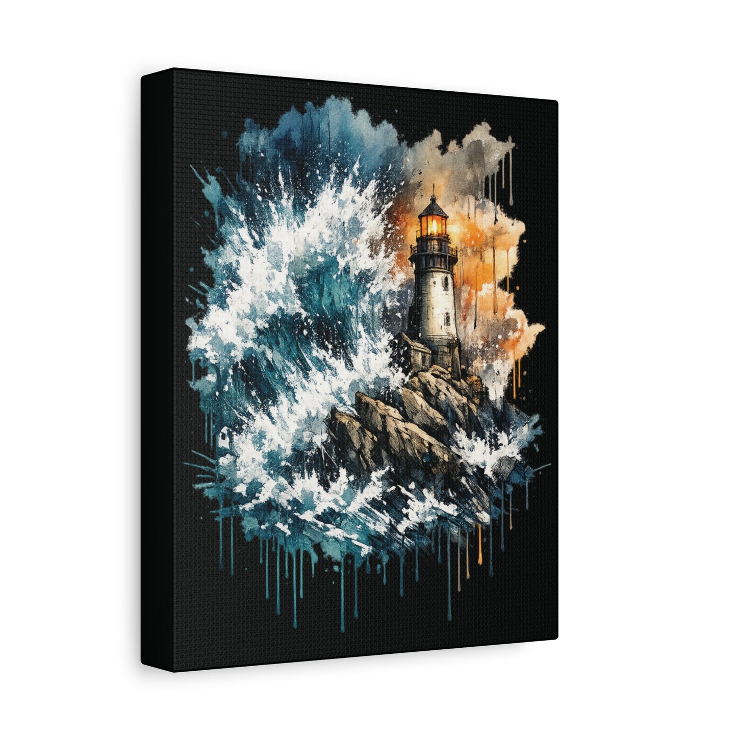 Lighthouse Storm Matte Canvas Wall Art — Dramatic Ocean Wave Seascape C001