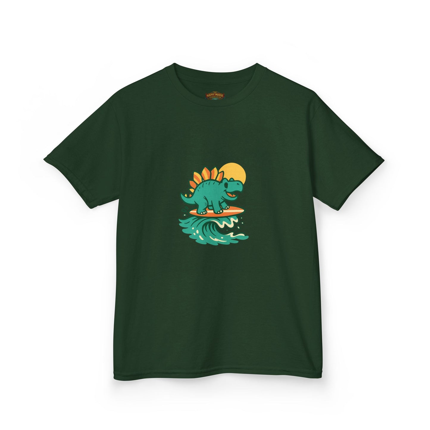 Kids Surfing Dinosaur T-Shirt — Cute Stegosaurus on Wave Graphic Tee