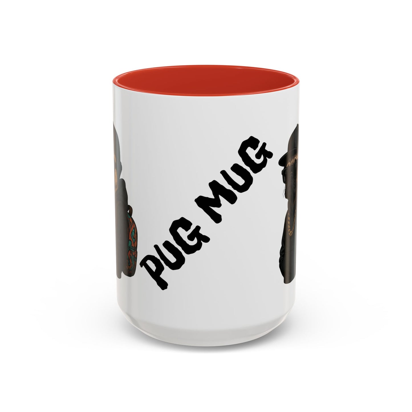 Pug Mug — Red Accent Coffee Mug with Hipster Pug Illustration (11/15oz)