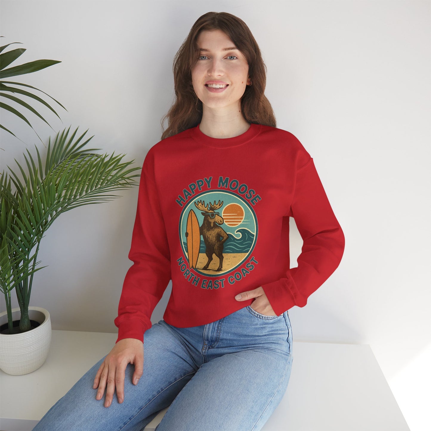 Happy Moose North East Coast Crewneck Sweatshirt — Vintage Surf Moose Graphic