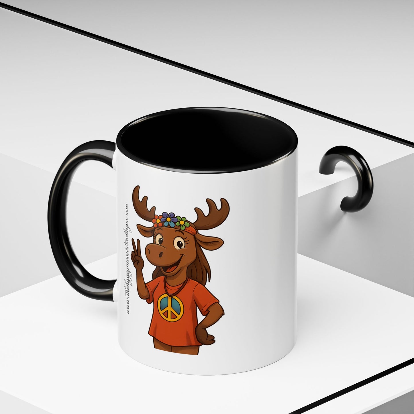 Peace Sign Moose Accent Coffee Mug — Hippie Moose with Flower Crown (11/15oz)