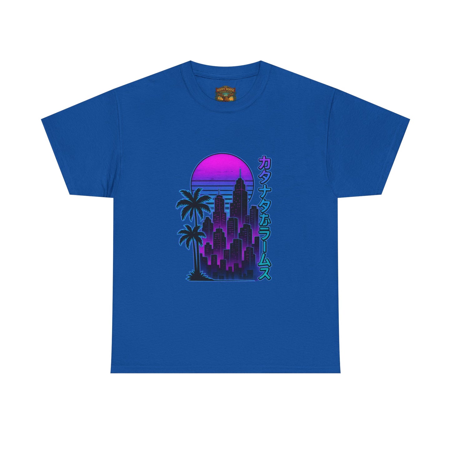 Retro Vaporwave Tee — Neon Sunset City with Palm Trees & Japanese Text
