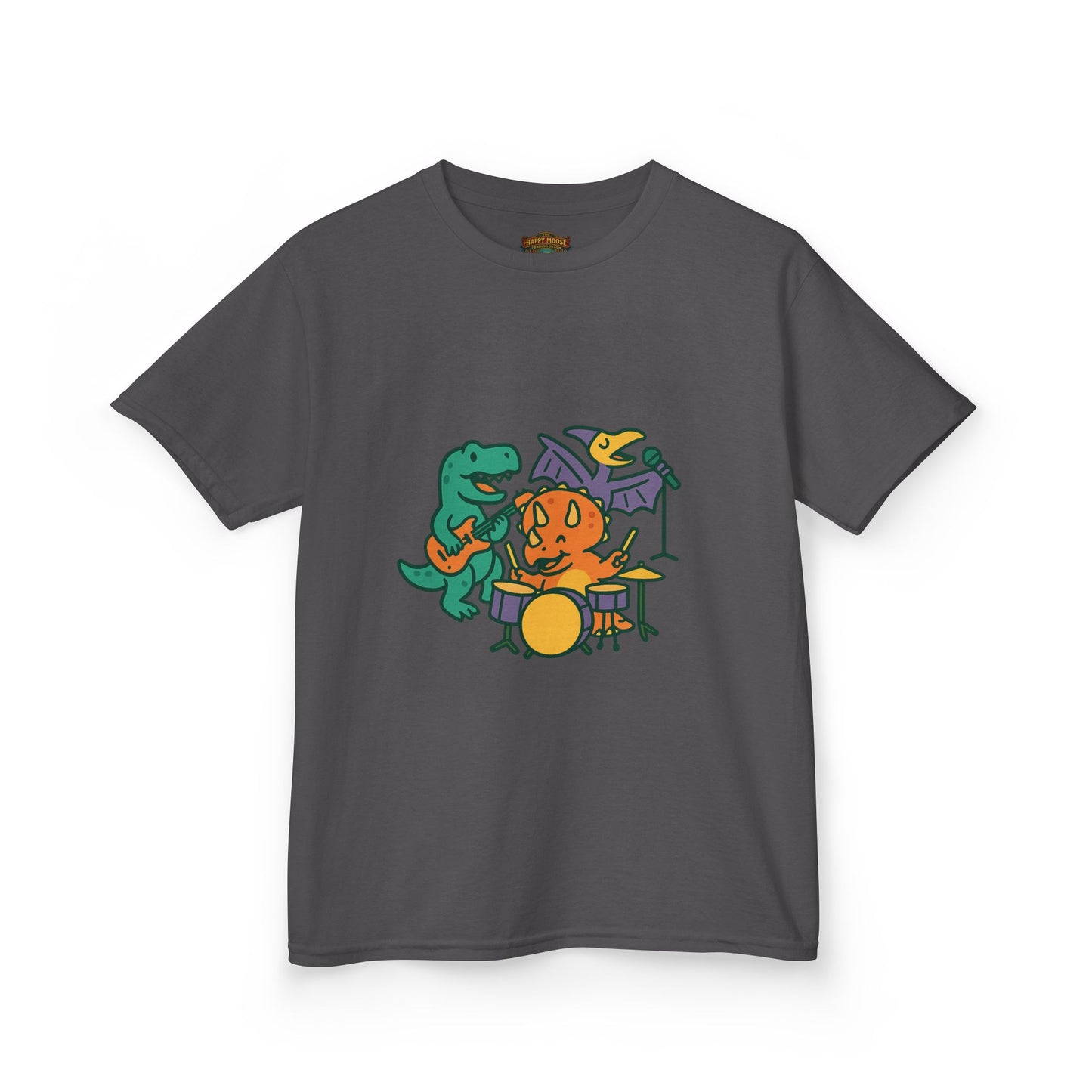 Kids Dino Band T‑Shirt — Cute Cartoon Dinosaur Drummer Tee for Boys & Girls