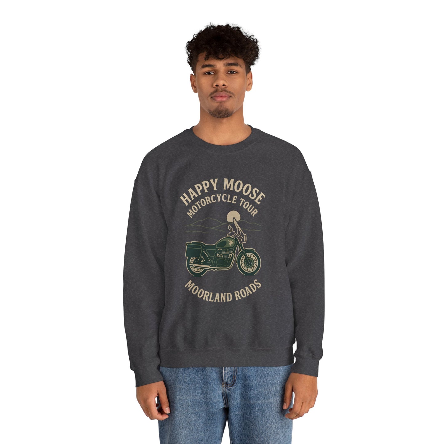 Motorcycle Crewneck Sweatshirt — "Happy Moose Motorcycle Tour" Vintage Bike Graphic