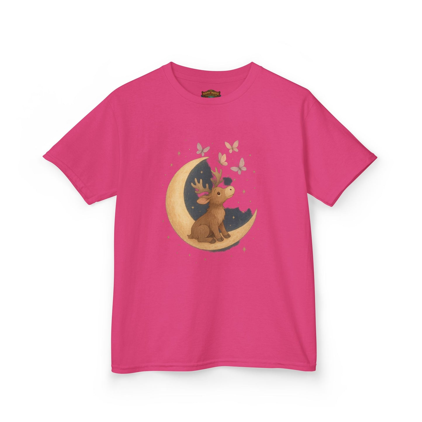 Kids Tee — Cute Puppy on Moon with Butterflies Graphic