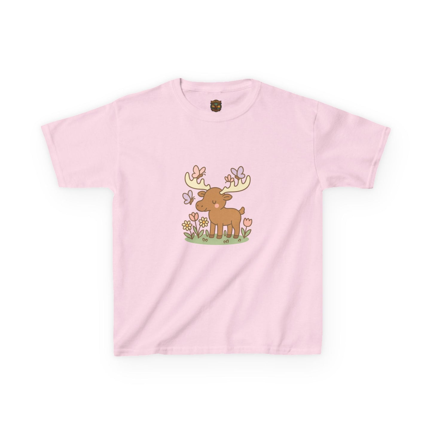 Kids T-Shirt — Cute Woodland Moose with Butterflies Kids Tee