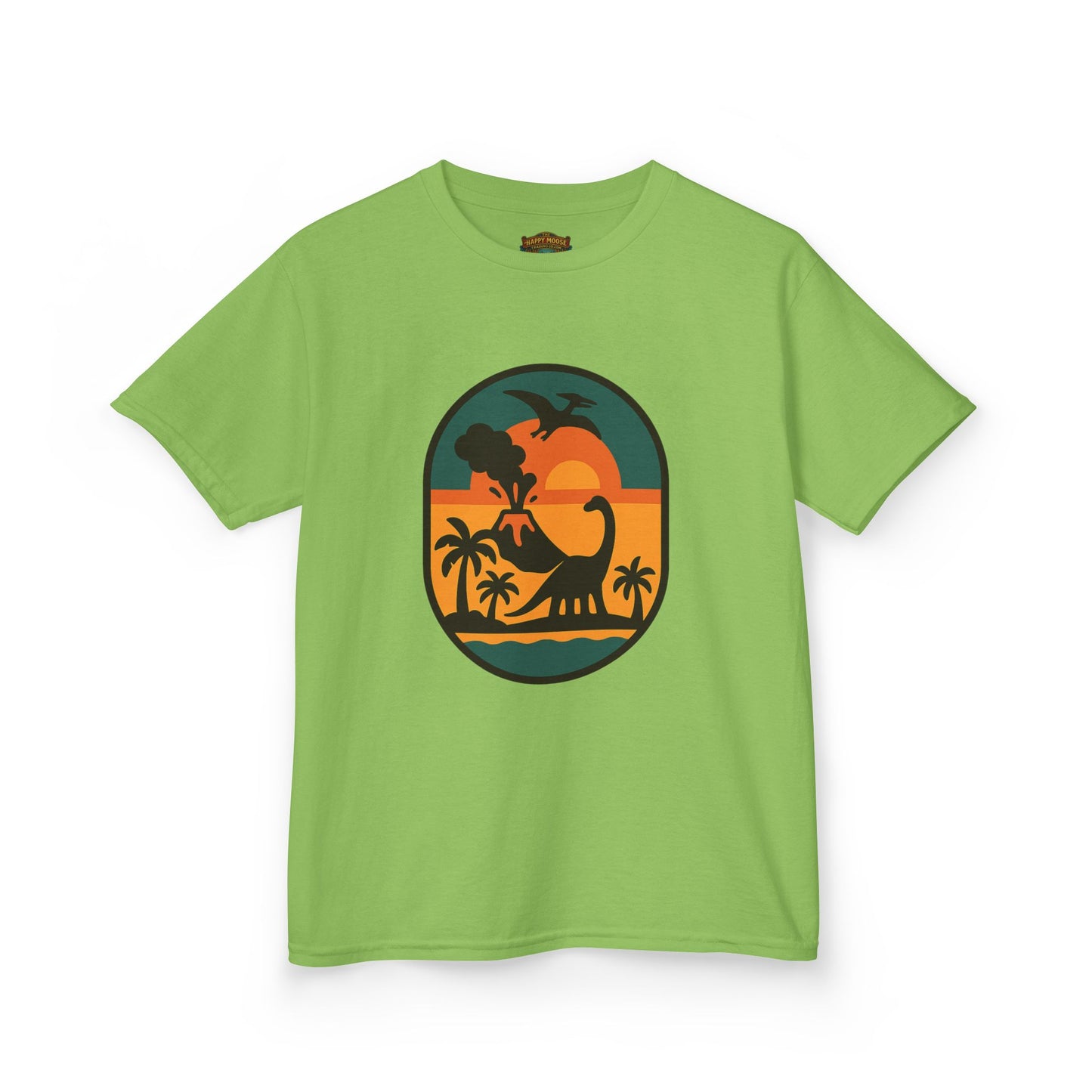 Kids T‑Shirt — Retro Tropical Dinosaur Sunset