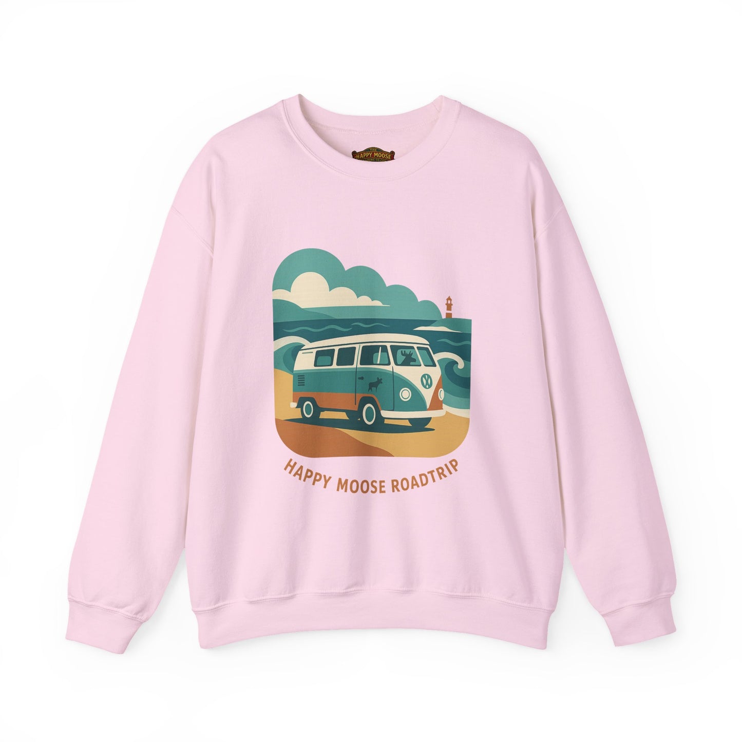 Road Trip Crewneck Sweatshirt — "Happy Moose Roadtrip" Vintage Van Graphic
