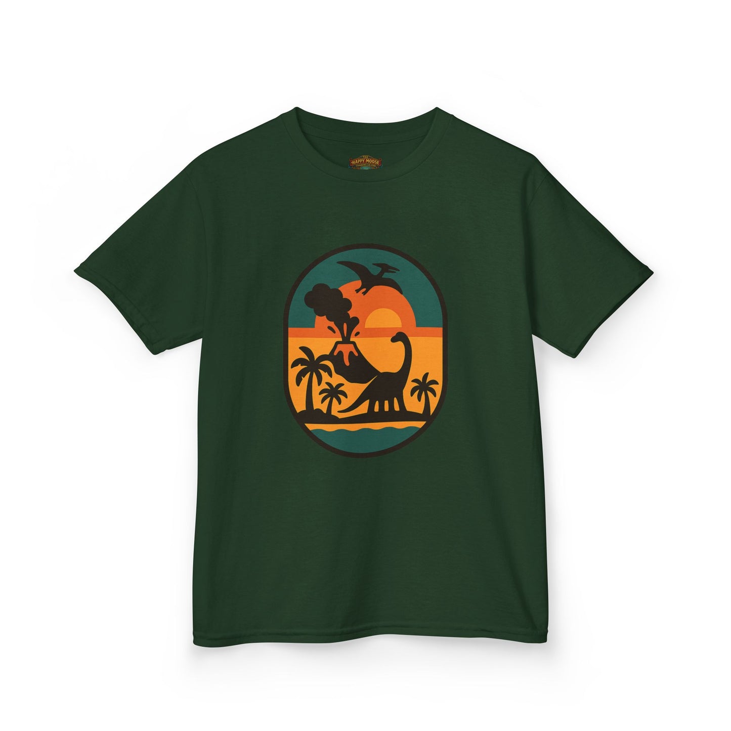 Kids T‑Shirt — Retro Tropical Dinosaur Sunset