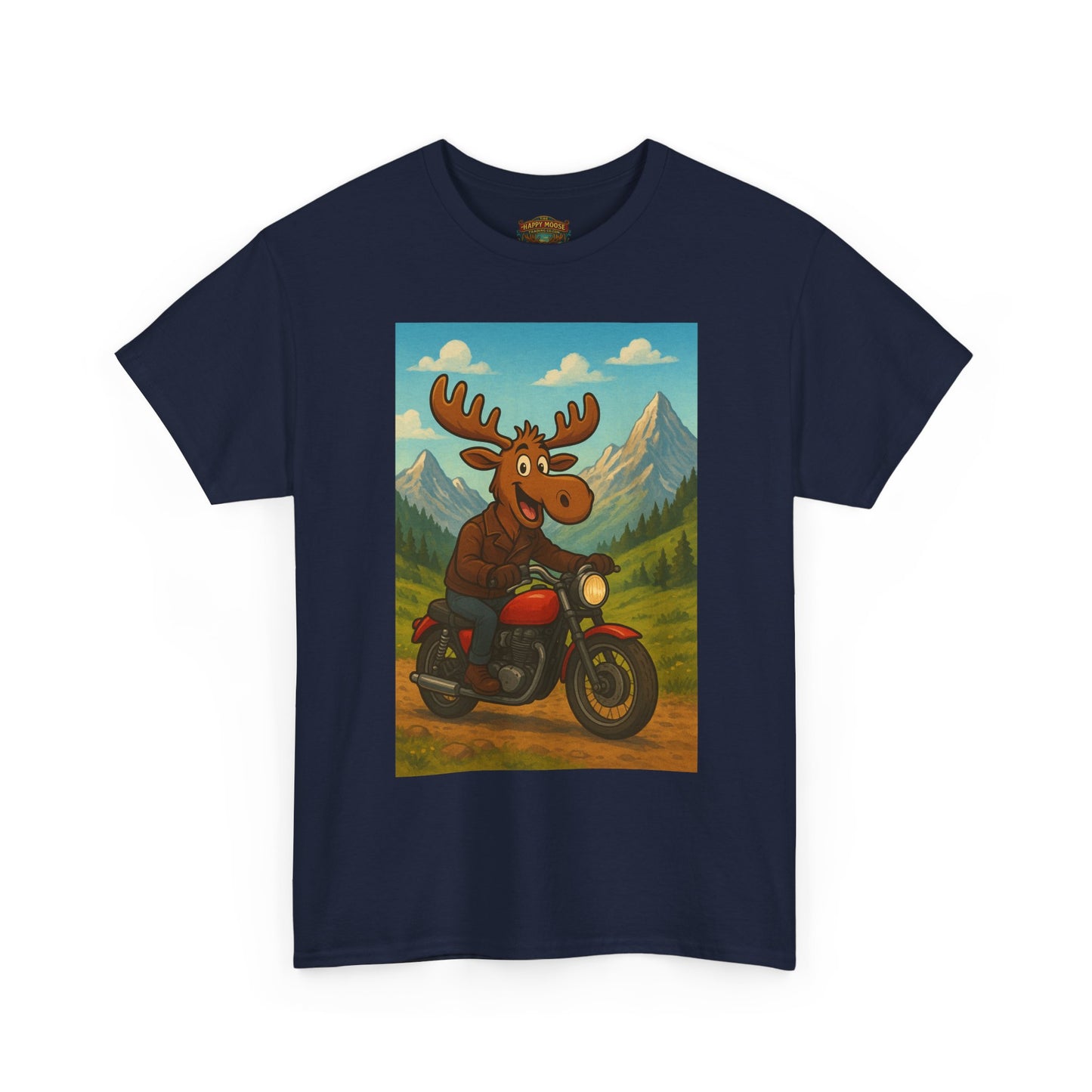 Happy Moose Motorcycle T-Shirt | Vintage Biker Moose Illustration