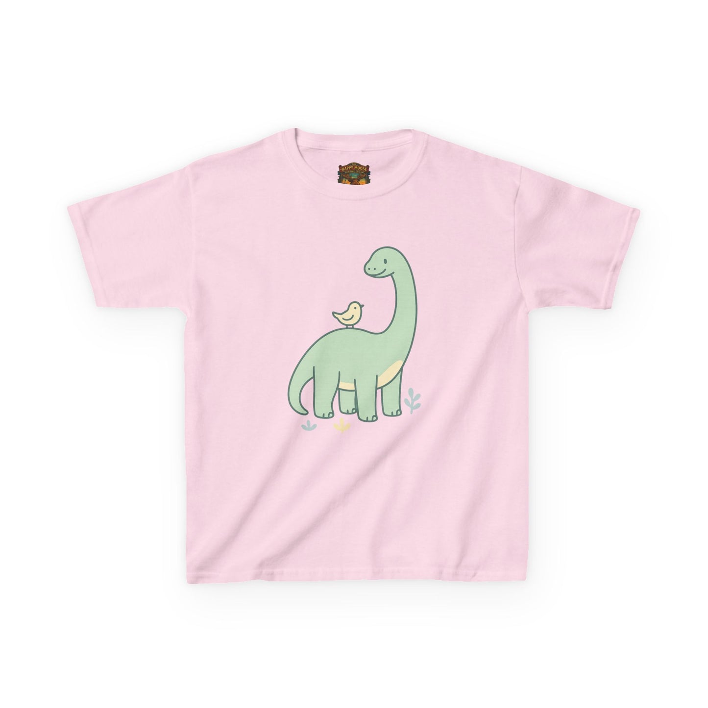 Kids Dino & Bird Tee — Cute Green Brontosaurus Graphic T‑Shirt