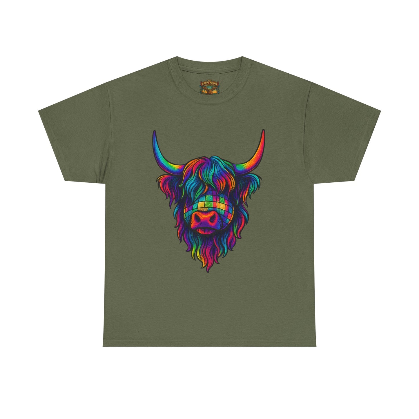 Highland Cow Graphic Tee — Colorful Psychedelic Scottish Highland Cattle T-Shirt