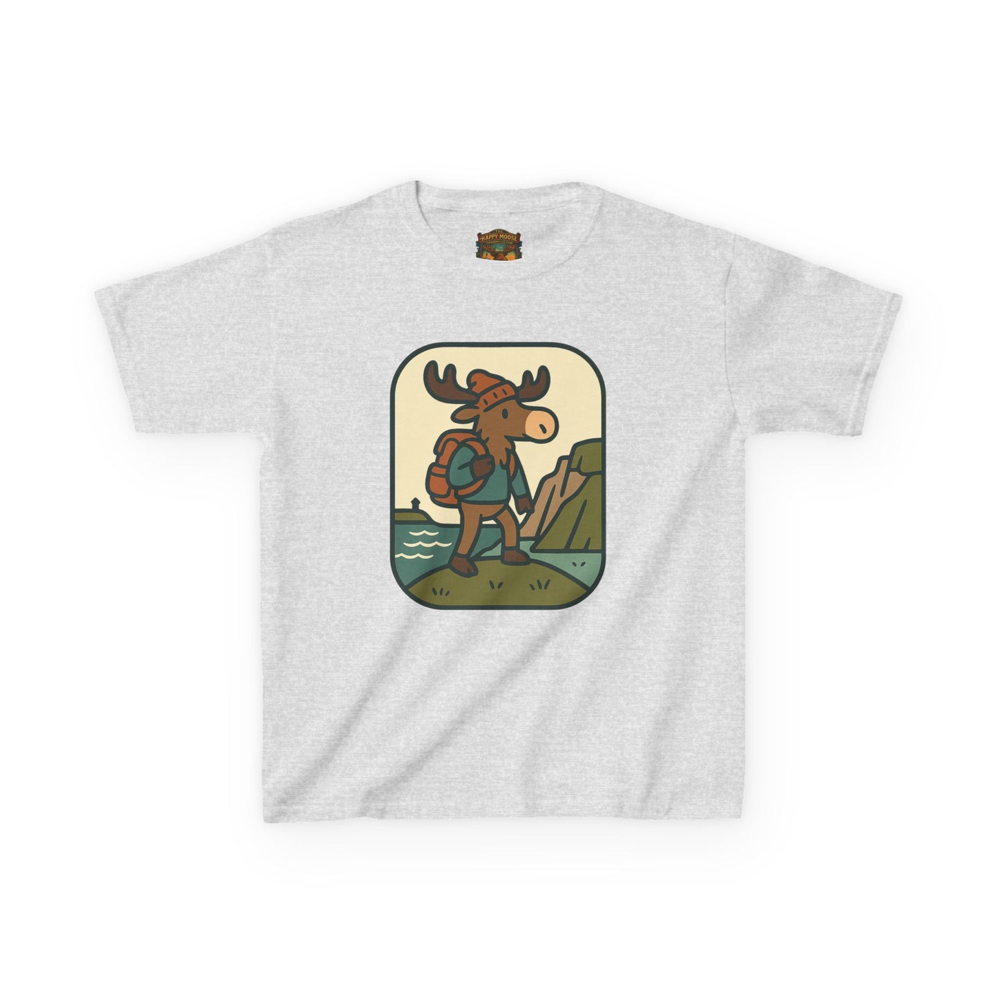 Kids Hiking Moose T‑Shirt — Cute Adventure Backpacker Tee for Boys & Girls